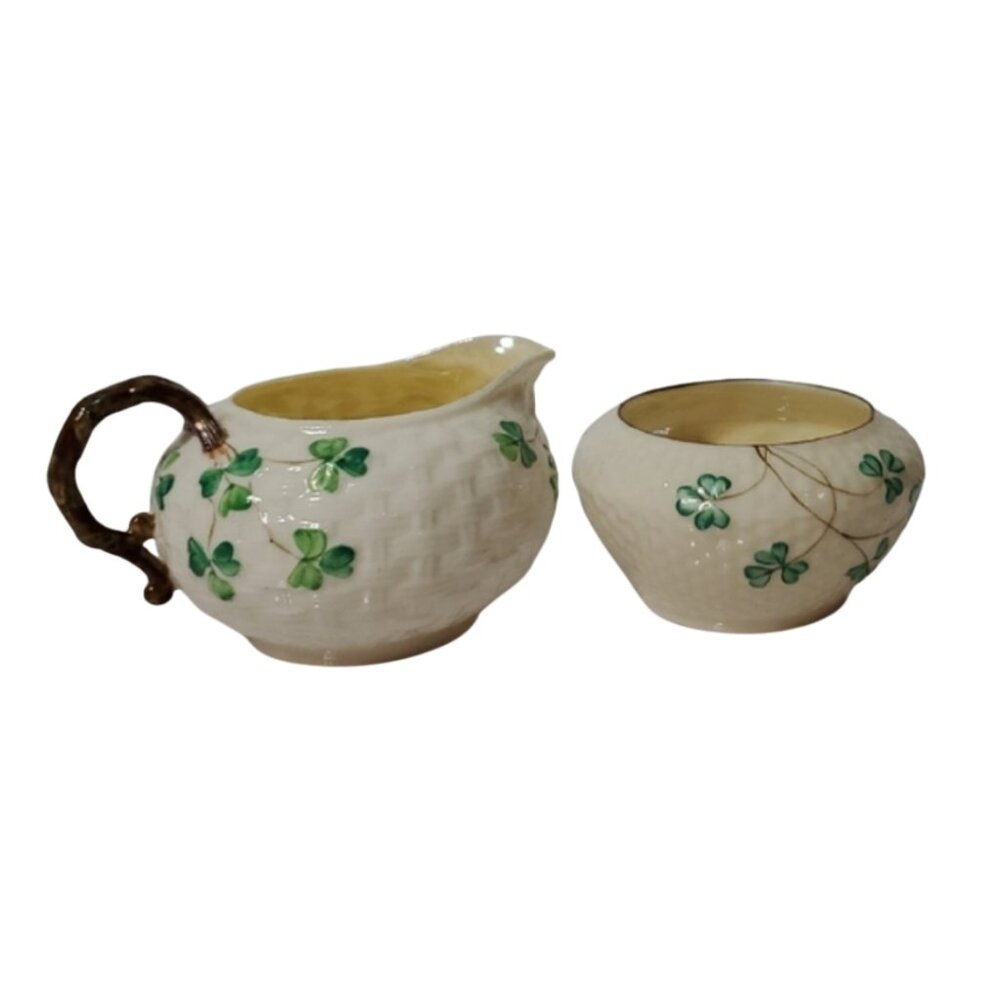 Belleek Creamer and Sugar Bowl with Green Shamrock Clover Accents